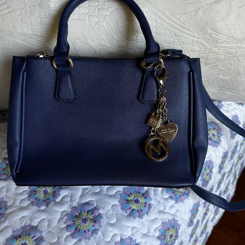 Navy Blue Textured Satchel with Double Handles MFK